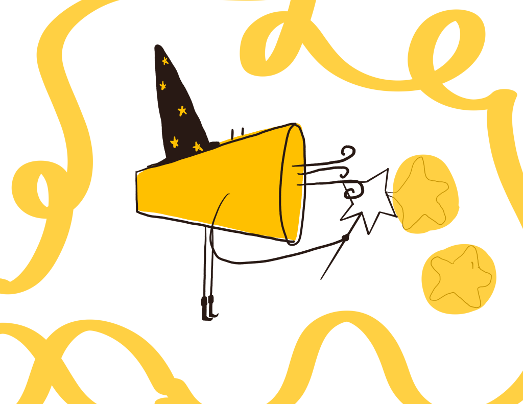 Cartoon figure with a Megaphone for a head, a wizard's conical hat and a star shaped wand to blow stars like soap bubbles.